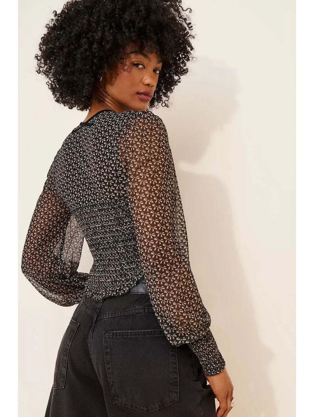 FREE PEOPLE Dottie Printed Long Sleeve Knit sheer Crop Top